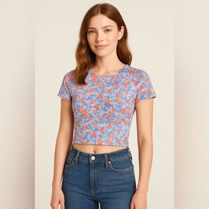 Open Edit Floral Print Mesh Crop Top - Size Small
